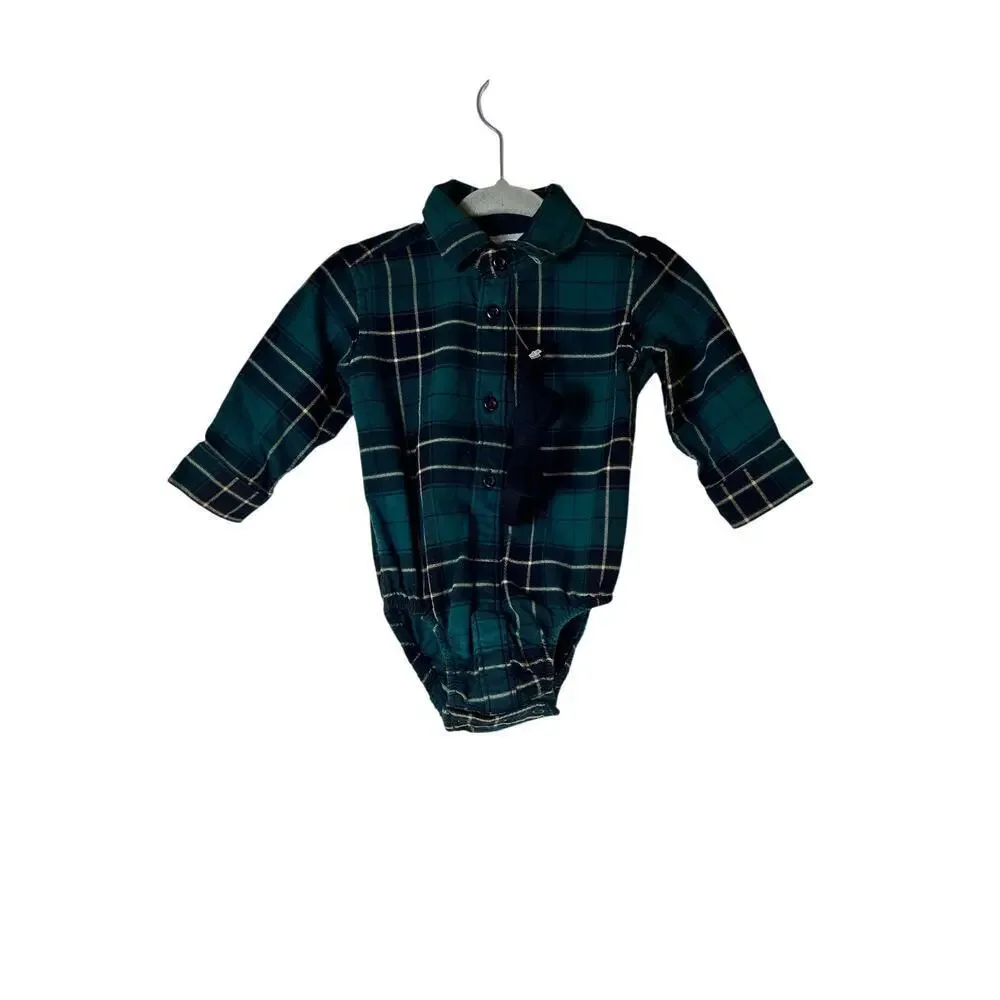 THE CHILDRENS PLACE Boy’s Green Plaid Button Down Bodysuit / Size: 3-6 Months